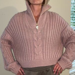 Nanushka Eria Cropped Faux Pearl-embellished Cable-knit Sweater In Pink